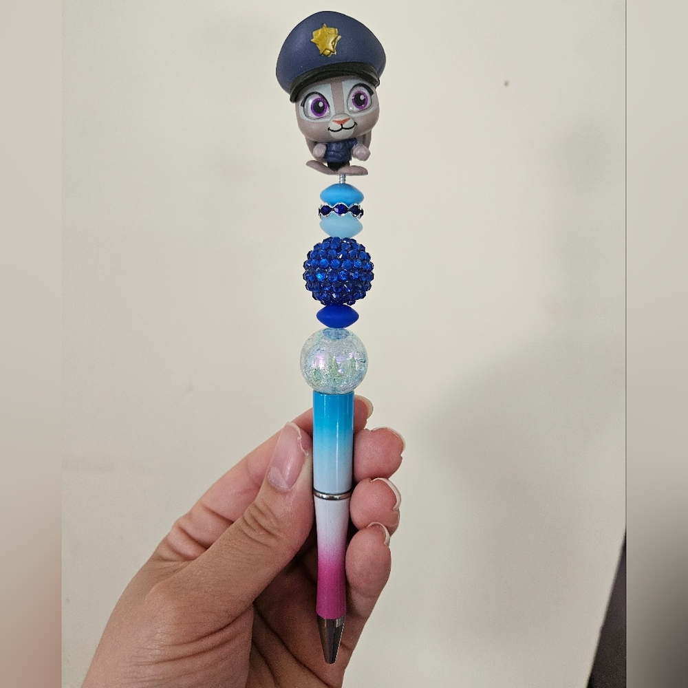 Blue and Pink Beaded Pen with Character Topper